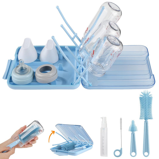 Bottle Brush Set -Baby Travel Essential-6 in 1 Bottle Cleaner Kit with Silicone Bottle Brush,Nipple Cleaner Brush,Straw Brush,Soap Dispenser,Storage Box,Bottle Drying Rack for Home and Travel(Green)