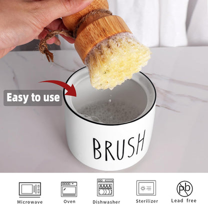 ONTUBE Ceramic Dish Brush Holder, Farmhouse Scrub Brush Holder Dishwashing Brush Stand, Soap Dispensing Kitchen Brushes Holder (White)