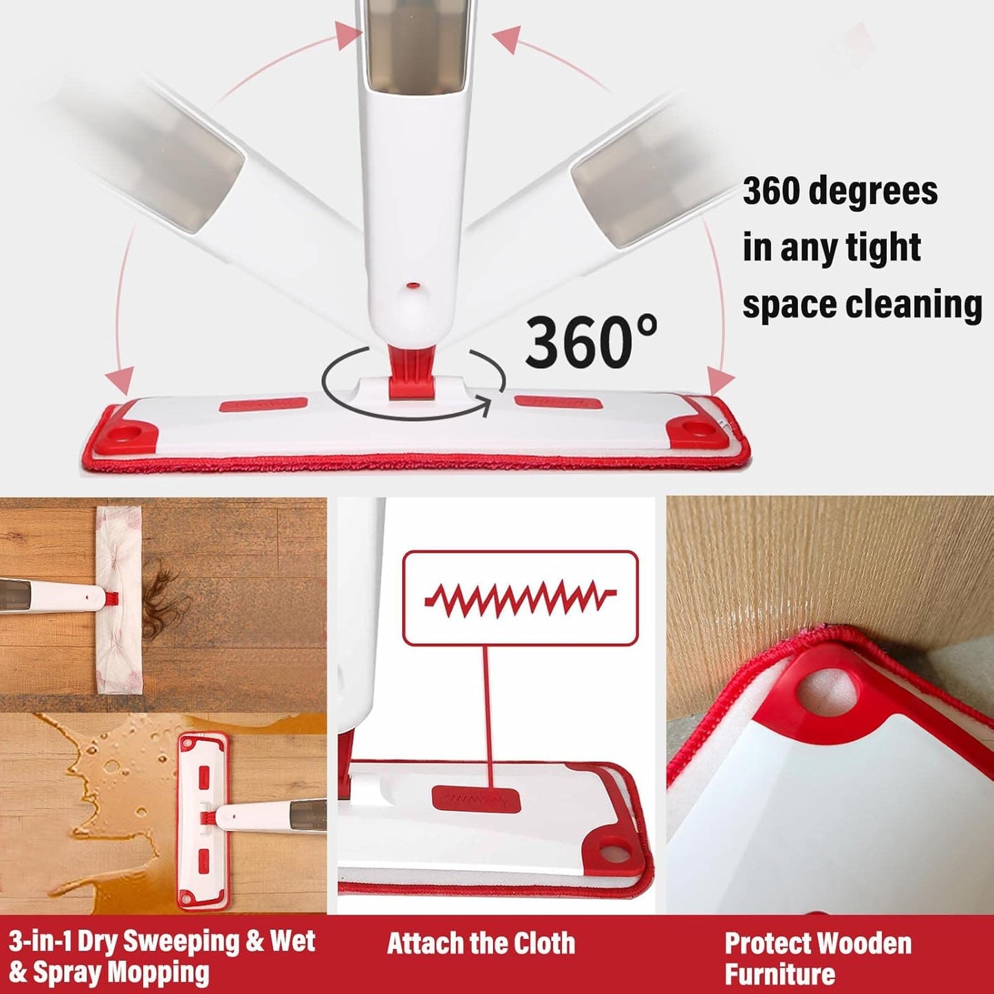 Mops for Floor Cleaning, Wet and Dry Spray Mop with Refillable Spray Bottle and 3 Washable Microfiber Pads Home or Commercial Use Flat Mop for Hardwood Laminate Wood Ceramic, Purple