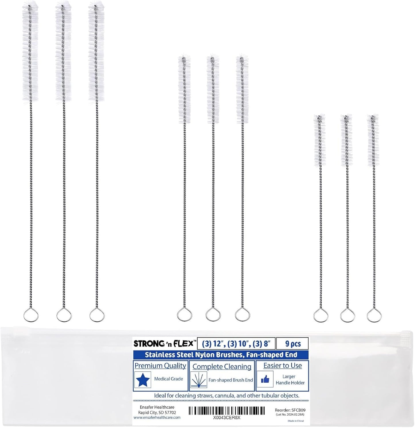 Strong 'n Flex Nylon Straw Cleaner Brushes – Fan-Shaped End for Tight Spaces, Ideal for Reusable Straws, Water Bottles, Sippy Cups & Pipes – Includes Zippered Pouch – 8" Long – Set of 8
