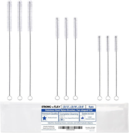 Strong 'n Flex Nylon Straw Cleaner Brushes – Fan-Shaped End for Tight Spaces, Ideal for Reusable Straws, Water Bottles, Sippy Cups & Pipes – Includes Zippered Pouch – 8" Long – Set of 8