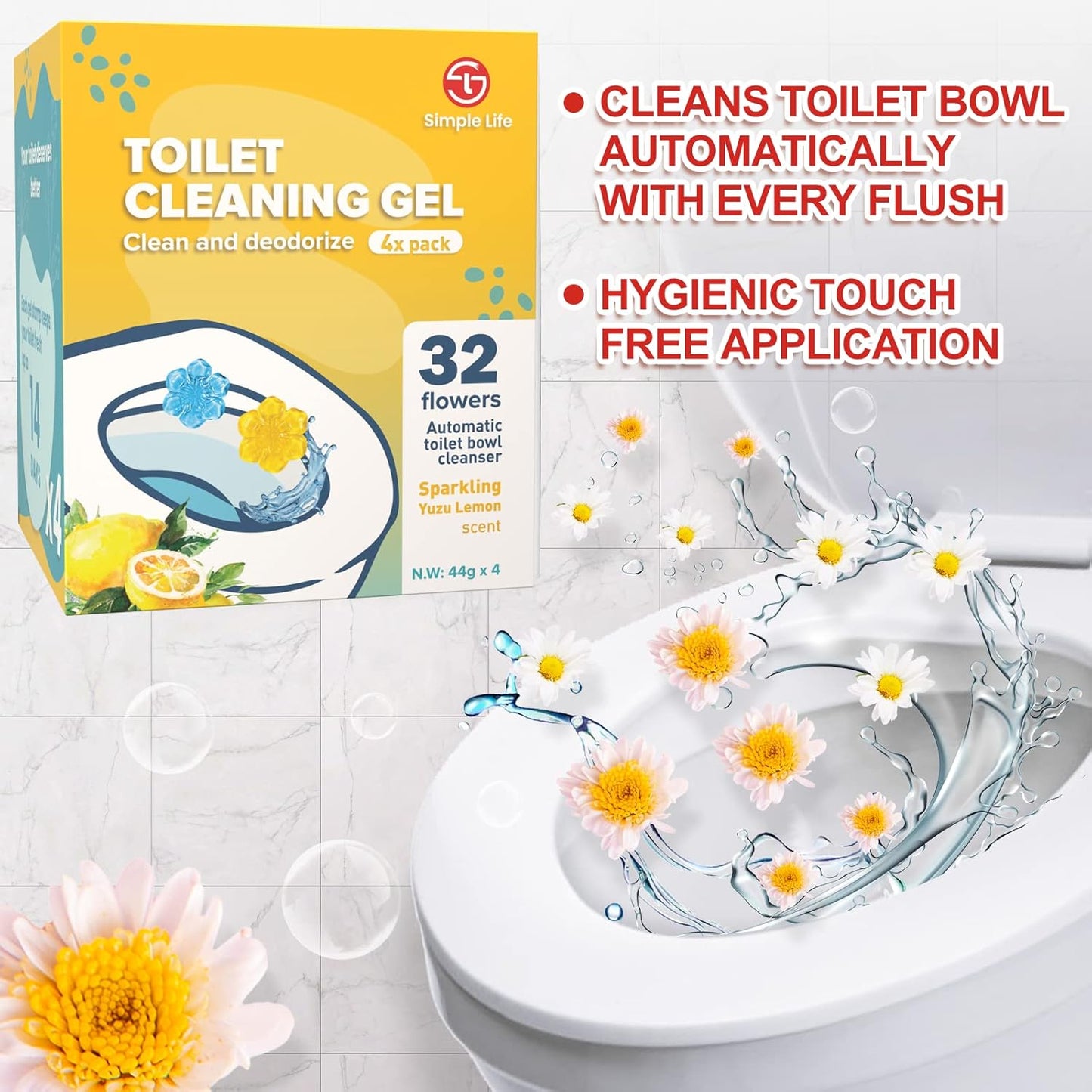 Simple Life Toilet Bowl Cleaner Gel | Fresh Flower Toilet Gel Stamp | Stops Limescale and Stains with Air Freshening Scent | Deodorizing Clean | 32 Stamps, Blue & Green