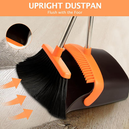 Broom and Dustpan Set, Long Handle Lightweight Dustpans with Broom Combo for Home, Indoor&Outdoor Sweeping for Home Room Kitchen Office Lobby (Charcoal)