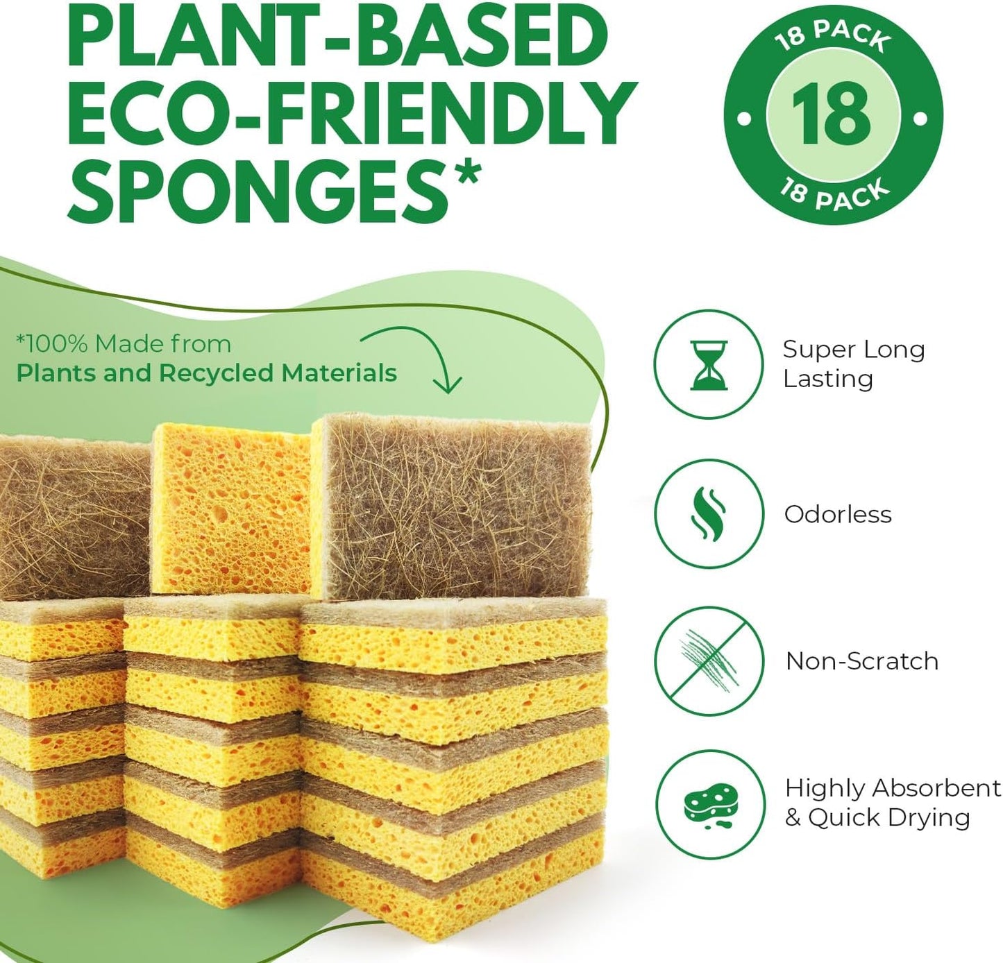 AIRNEX Biodegradable Natural Kitchen Sponges Pack of 6 - Cellulose and Coconut Walnut Scrubber Sponge - Eco Friendly Sponges for Dishes