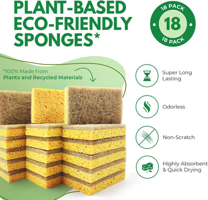 AIRNEX Biodegradable Natural Kitchen Sponges Pack of 6 - Cellulose and Coconut Walnut Scrubber Sponge - Eco Friendly Sponges for Dishes