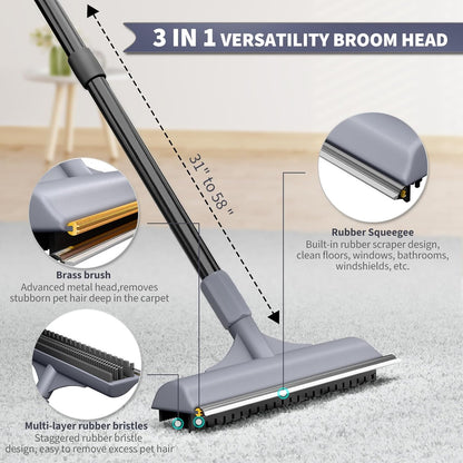 Carpet Rake for Pet Hair Removal - Reusable Dog & Cat Hair Remover with 58" Reinforced Steel Handle, 3-in-1 Professional Modular Rug Rake & Scraper Tool for Shag Rugs, Couch, Stairs (Orange)