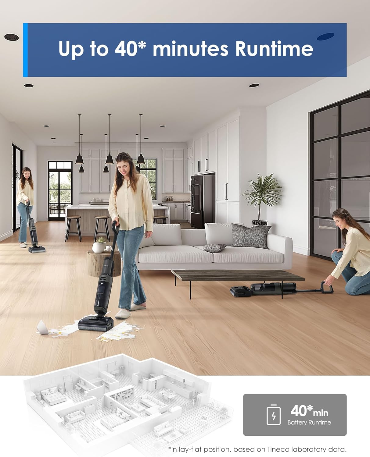 Tineco Floor ONE i5 Stretch Wet Dry Vacuum Cleaner, Vacuum & Mop in One Step, 20kpa Powerful Suction, 180° Lay-Flat Design, Anti-Tangle Design, Dual-Sided Edge Cleaning, Up to 30* Minutes Runtime