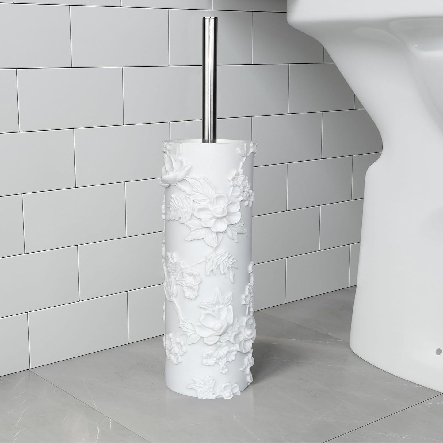White Floral Branches Design Resin Toilet Bowl Brush and Holder Set, Elegant Bathroom Cleaning Tool with Durable Bristles, Compact and Functional