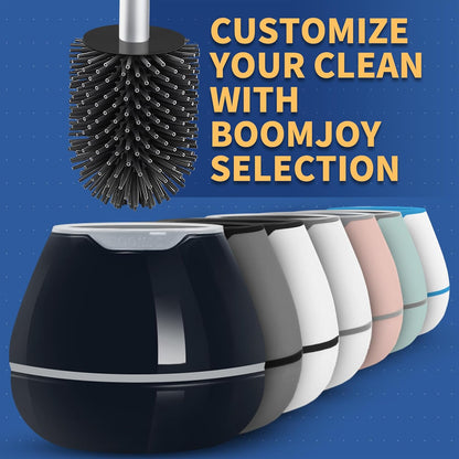 BOOMJOY Toilet Brush and Holder Set, Silicone Toilet Bowl Cleaner Brush, Bathroom Cleaning Bowl Kit with Tweezers, Bathroom Accessories with Aluminum Handle - White