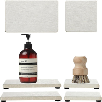 2PCS Water Absorbing Stone Drying Tray for Kitchen Counter & Bathroom Sink, Diatomite Faucet Splash Guard, Soap Dispenser Rack & Sponge Holder Caddy Organizer, Marble White (Printed Pattern), 9"x 3.5"