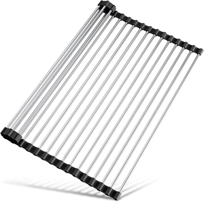 Tomorotec 17.7" x 15.5" Roll Up Dish Drying Rack Over Sink Drying Rack Sink Cover Kitchen Sink Accessories Gadget Multipurpose Organizer Foldable Stainless Steel Drainer (Grey)