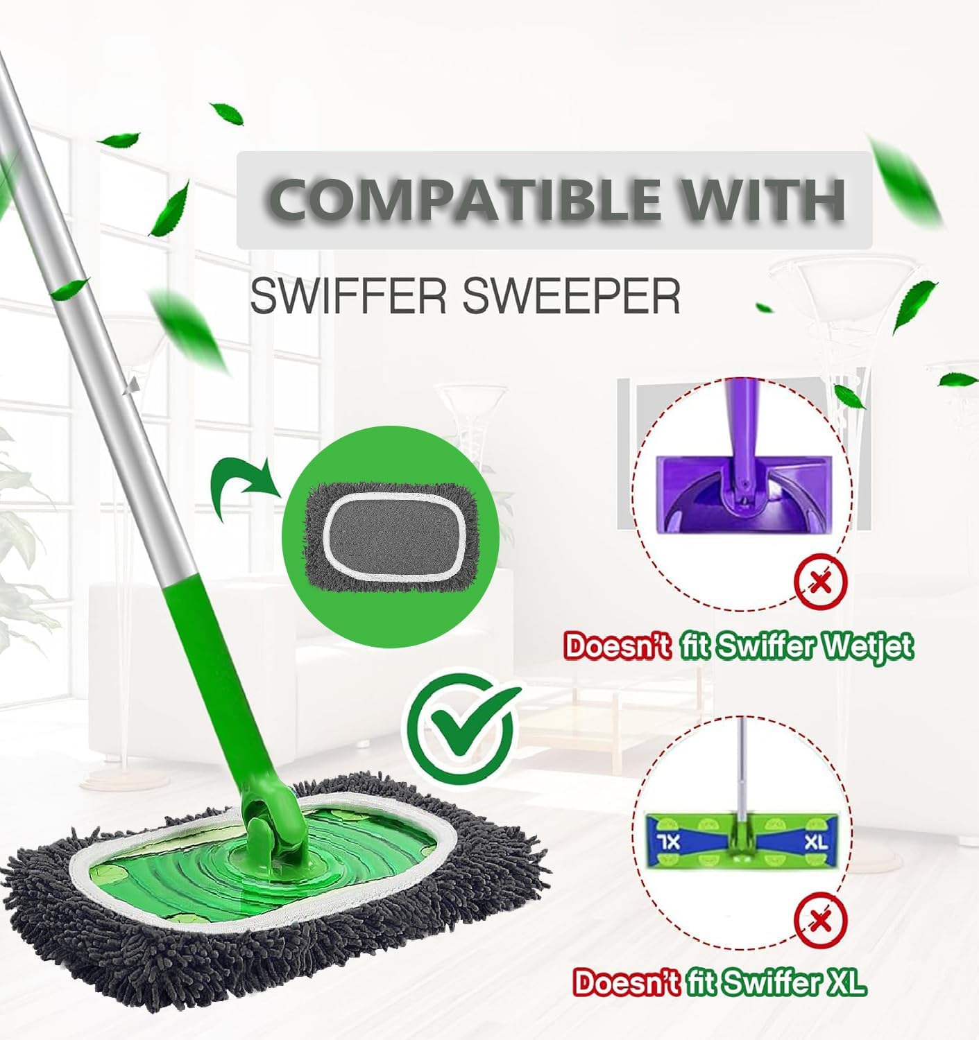 Reusable Microfiber Mop Pads Washable Wet Pads Compatible with Swiffer Sweeper Refills Pads for Wet & Dry Sweeping Cloths Mop Head Replacement for Household Cleaning (Green 4PCS)