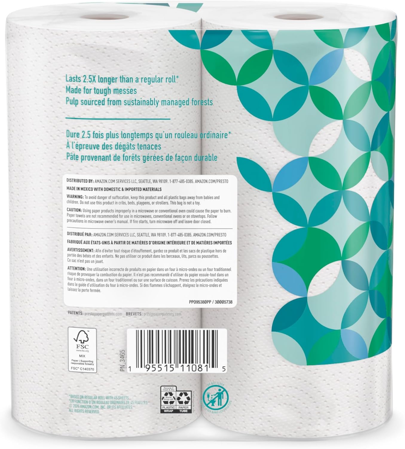 Amazon Brand - Presto! Ultra-Strong Premium Paper Towels, 158 Sheet Huge Roll - Flex-a-Size, 12 Rolls (2 Packs of 6), Equivalent to 38 Regular Rolls, White