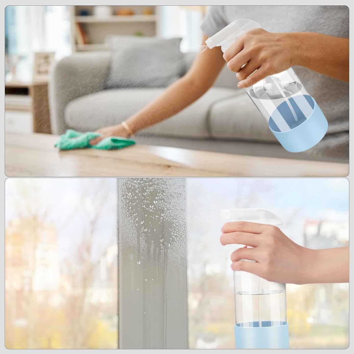 Worldgsb 2 Pack Glass Spray Bottles with Silicone Sleeve, 16 oz Empty Refillable Containers with Adjustable Spray Nozzles, Spray Bottles for Hair, Cleaning Solutions and Plants Blue&Grey
