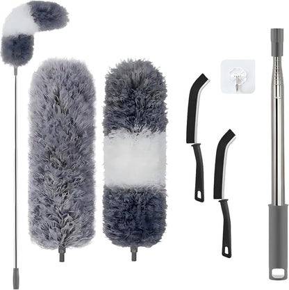Microfiber Dusters for Cleaning,100" Professional Extension Pole Duster Kit with 2 Washable Bendable Heads,Cobweb Remover & Feather Duster for High Ceilings,Ceiling Fans,and Hard-to-Reach Areas,3PCS