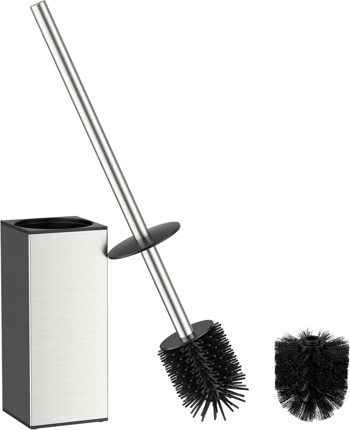 FORIOUS Toilet Brush and Holder Set, Heavy Duty 304 Stainless Steel Base Square and Long Handle for Bathroom Deep Cleaning, Drip-Proof, Space Saving for Storage, 2 Toilet Bowl Brush Head, Black