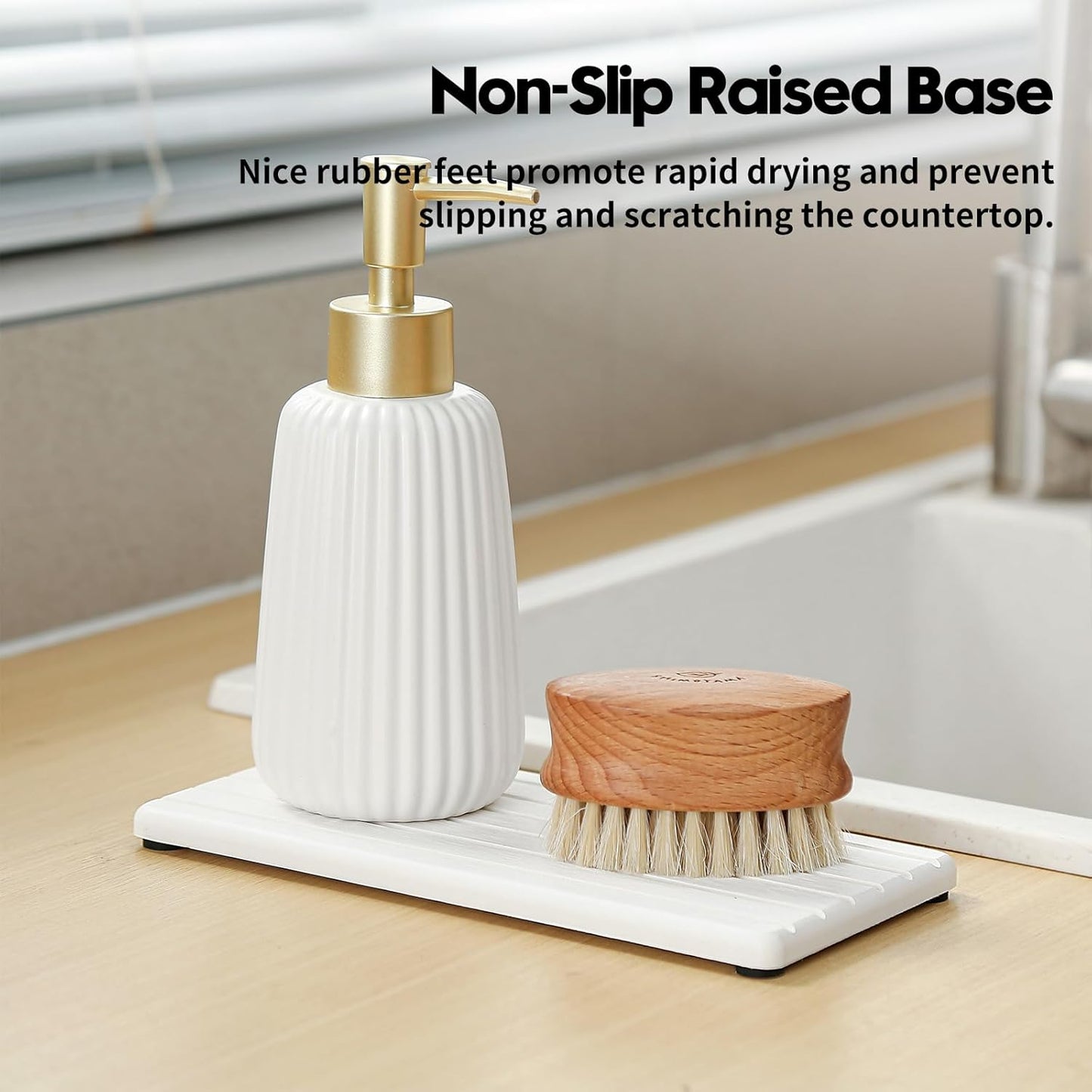 Fast Water Absorption Sink Organizer Tray Set, 3-Pack Compact and Space-Saving Stone Soap Holder Caddy for Kitchen & Bathroom Counter, Faucet Splash Guard, White (1pc of 8"x3.8" + 2pcs of 3.8"x3.8")