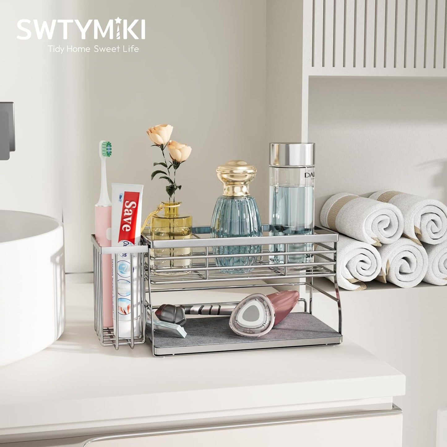 SWTYMIKI Sponge Holder for Kitchen Sink - 2 Tier Rustproof Sink Caddy with Instant Drying Stone, Removable Dish Brush Holder, Stainless Steel Kitchen Caddy for Coutertop Storage Accessories