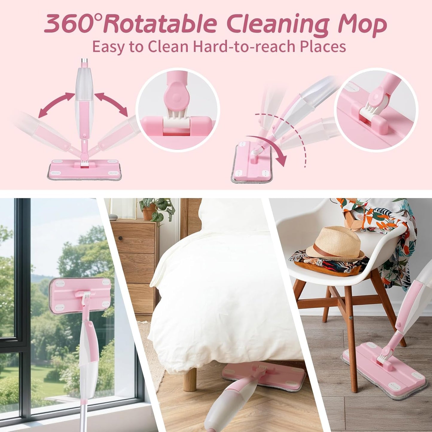 Hilsoeet Kids Spray Mop Pink, Real Working Water-Spraying Toy, Montessori Mini Mop with 2 Microfiber Washable Pads, Toddler Cleaning Set for Floor, Christmas Birthday Gifts for Age 3 4 5 6 7 8