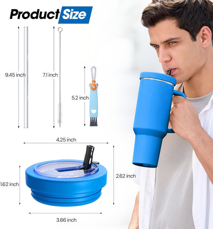 40 Oz Tumbler Flip Straw Lid Compatible with Stanley Quencher Cup, Anti Spill Replacement Cup Covers, Durable Silicone Leak Proof Lids with Cleaning Brush Set for Travel Storage