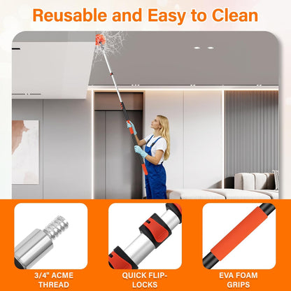 26FT High Reach Duster with Extension Pole 5-20FT, 4-in-1 Cleaning Kit with Universal Swivel Joint | High Ceiling Fan Cleaner, Cobweb Duster & Window Squeegee for Safe High-Reach Cleaning