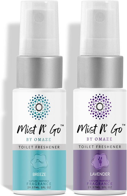 Mist N’ Go by Omaze Travel Bathroom Spray for Toilet Spray Odor Eliminator - Travel Toilet Spray for Bathroom Air Freshener Spray for Bathroom Deodorizer - Clean Mix, Travel Size (1oz x2)
