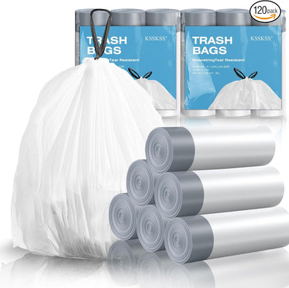 120 Counts 1.6 Gallon Mini Drawstring Trash Bags, Small Garbage Bags by KSSKSS, Code a fit 4.5-8 Liter, 1.2-2 Gal, White Trash Bin Liners for Home Office Kitchen Bathroom Bedroom