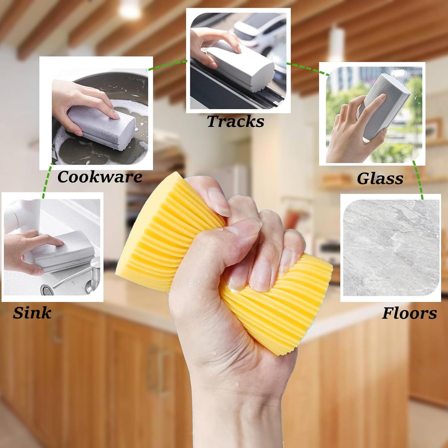 6-Pack Damp Clean Duster Sponge,Magic Sponge Eraser for Housekeeping,Reusable Cleaning Sponge for Blinds,Vents,Mirrors,Glass, Baseboards,Window Track Grooves and Railings (Green)
