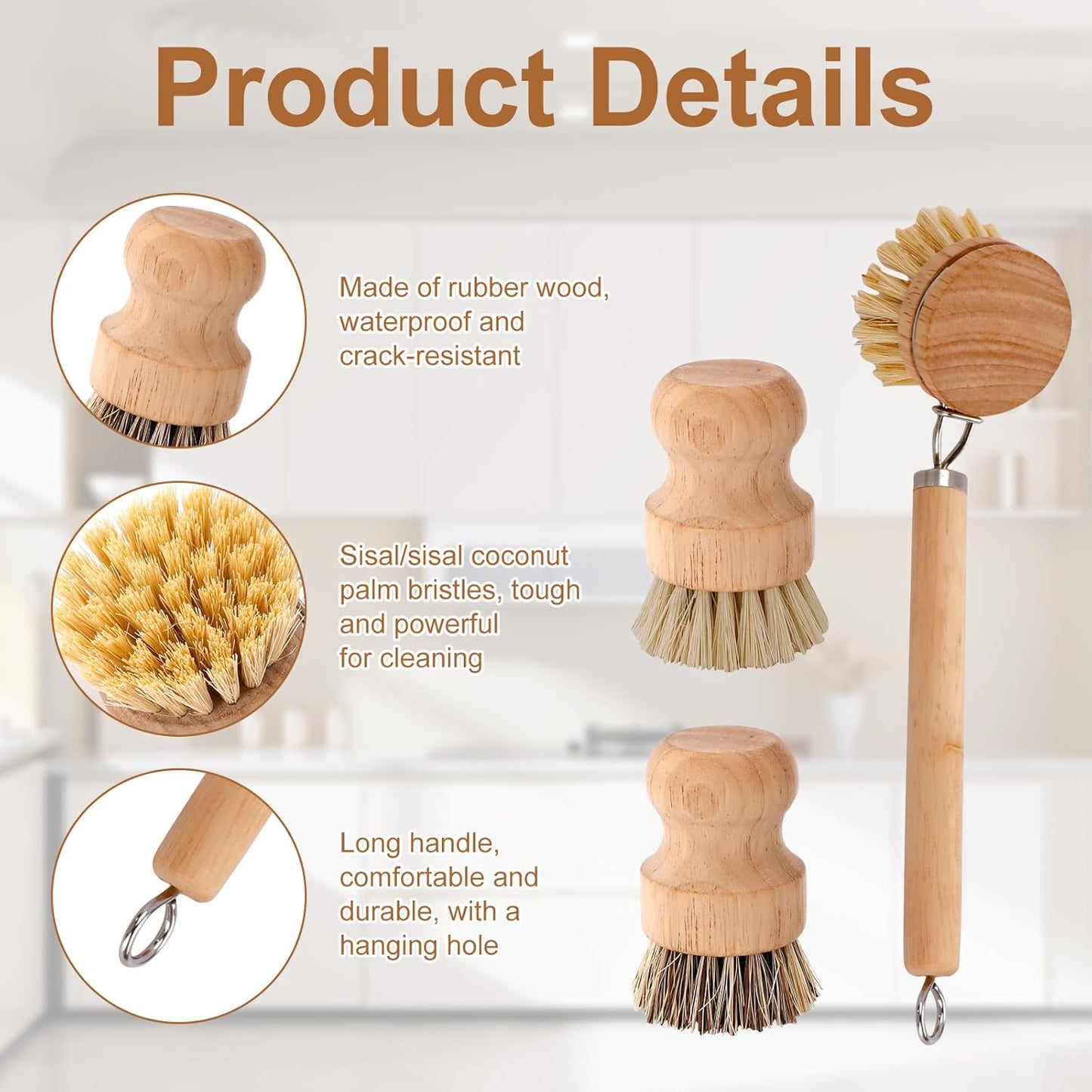 Bamboo Dish Brush Set, Natural Wooden Handle Dish Scrubber with 2PCS Mini Palm Brushes & Holders, Kitchen Brush with 1 Adhesive Hook for Pan Pots Dishes Vegetable