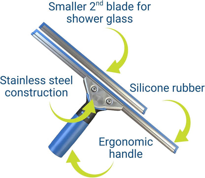 Professional Squeegee - Premium Quality Silicone Rubber Blades with Ergonomic Handle for Streak-Free Cleaning - Perfect for Windows, Shower Doors, and Railings