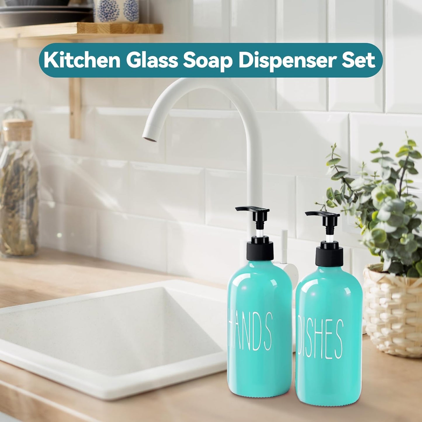 COHOSEGE Glass Soap Dispenser Set 2 Pack,Contains Hand and Dish Soap Dispenser.Premium 16 Oz Black Kitchen Soap Dispenser Set for Kitchen Sink and Farmhouse Decor