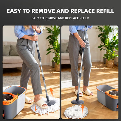 Spin Mop and Bucket Set,Detachable Double Buckets Separate Dirty Water with Stainless Steel Wringer for Floor Cleaning,Cleaning Buckets with 4 Mop Head Replacements for Household Use