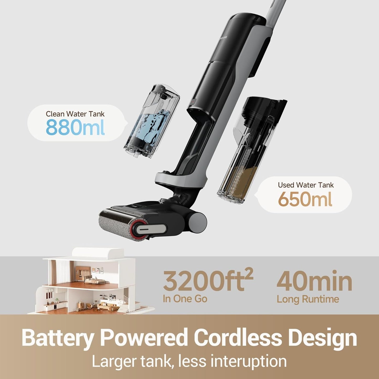 dreame H14 Cordless Vacuum Mop, 180° Lie-Flat Wet Dry Vacuum cleaner, 140°F Brush Washing, Fast Hot Air Drying in 5Mins, Smart Hard Floor Cleaner Machine with Powerful Suction, Great for Sticky Messes