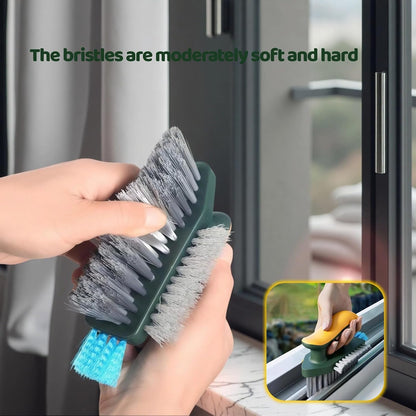 Multifunctional Tile Grout Cleaning Brush with V-Shaped Bristles, 180° Rotating Head, Rubber Wiper Strip, Green and Yellow