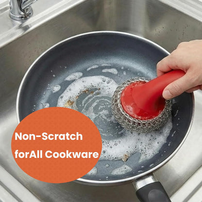 Cast Iron Scrubber with Long Handle | 316 Cast Iron Cleaner Chainmail Scrubber for Pan Skillet Cleaner - Dish Scouring Pad Dishwasher Safe Cleaning Kit (Blue, 1 Scrubber + 1 Scraper)
