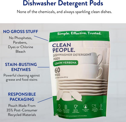 The Clean People Dishwasher Pods - Cuts Grease & Rinses Sparkling Clean - Residue-Free - Phosphate Free Dishwashing Pods (60 Count, Lemon Verbena)