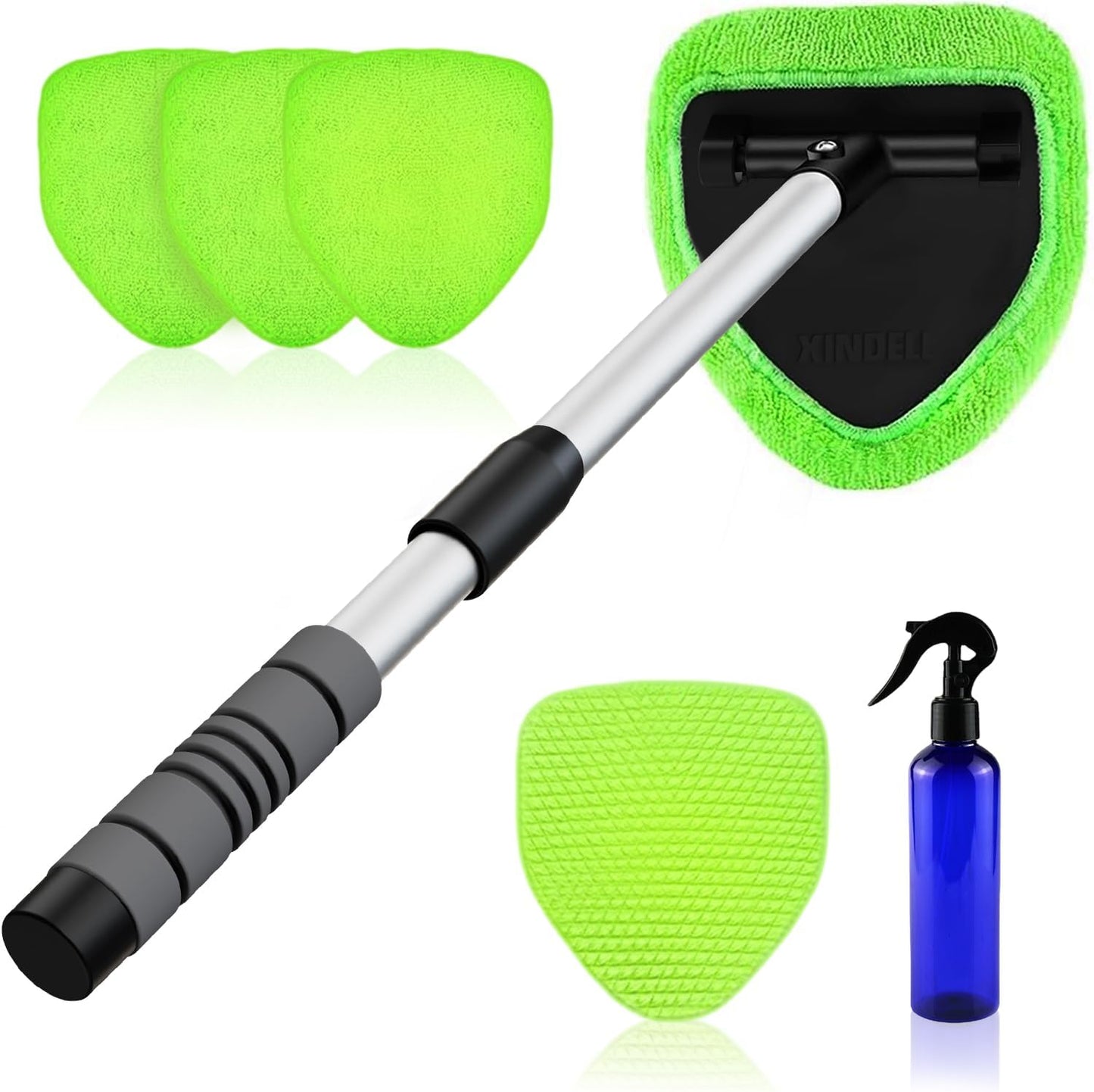 XINDELL Windshield Cleaner Tool – Car Interior Window Cleaning Kit with Extendable Handle & 4 Microfiber Pads, Auto Wiper Inside Windshield Brush for Car & Home Windows
