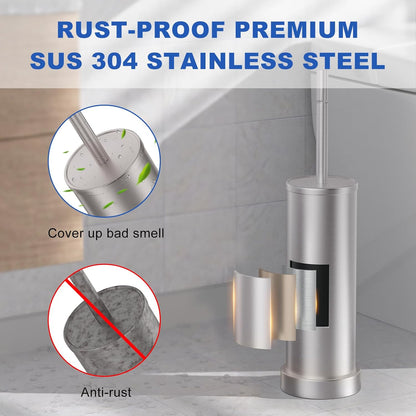 Toilet Brush and Holder Set: 304 Stainless Steel Heavy Duty Toilet Bowl Brush and Holder with Removable Inner Bowl and Splash Protection, Modern Long Handle Bathroom Cleaning Tool
