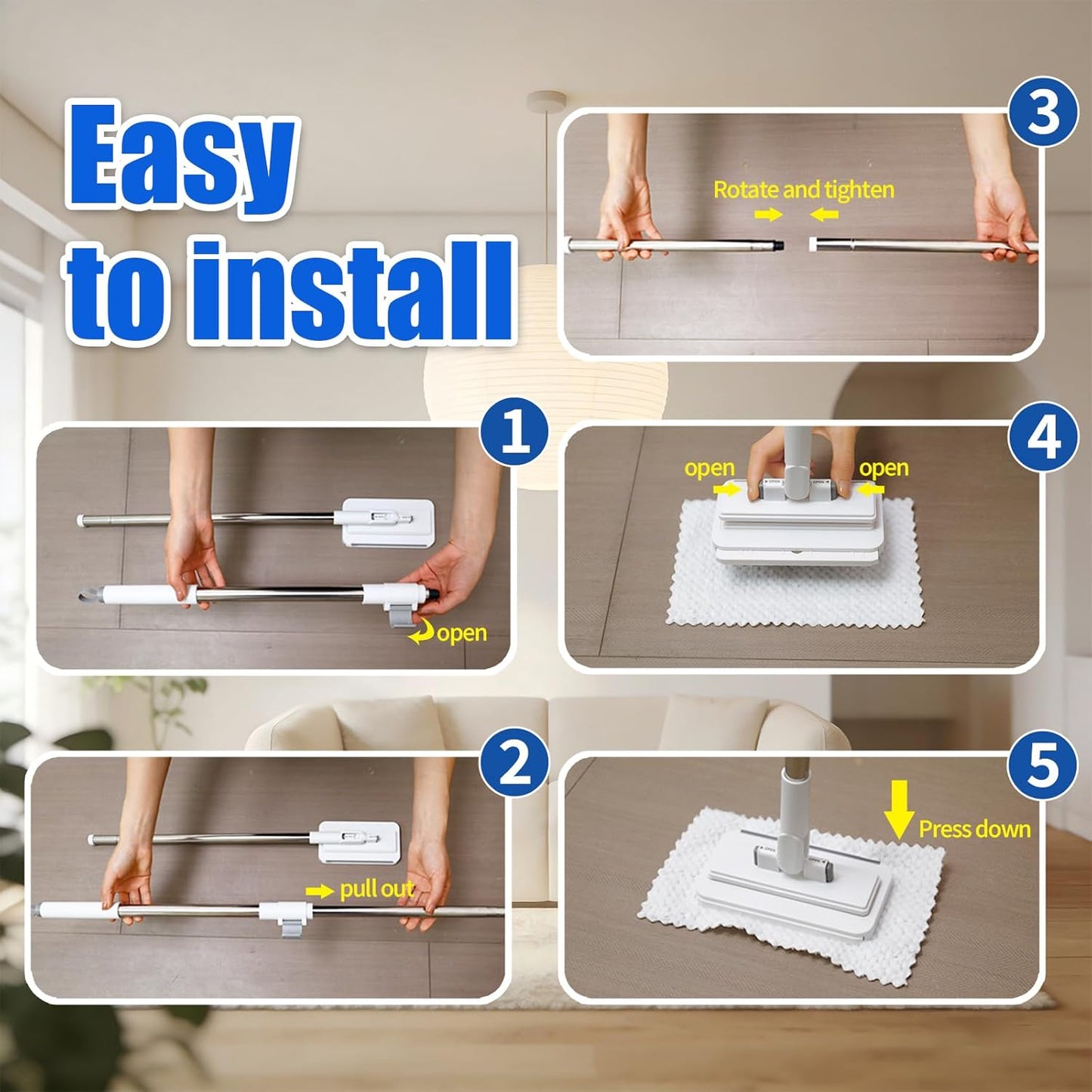 SOPAMI Snap Grip Mini Mop & Sweep Wall Cleaner for Tight Corners,Wall, Hardwood, Marble Floors,Pet Hair Removal for Home, 55" Extendable Lazy Mop-2 Reusable Cleaning Pads&1pcs Disposable