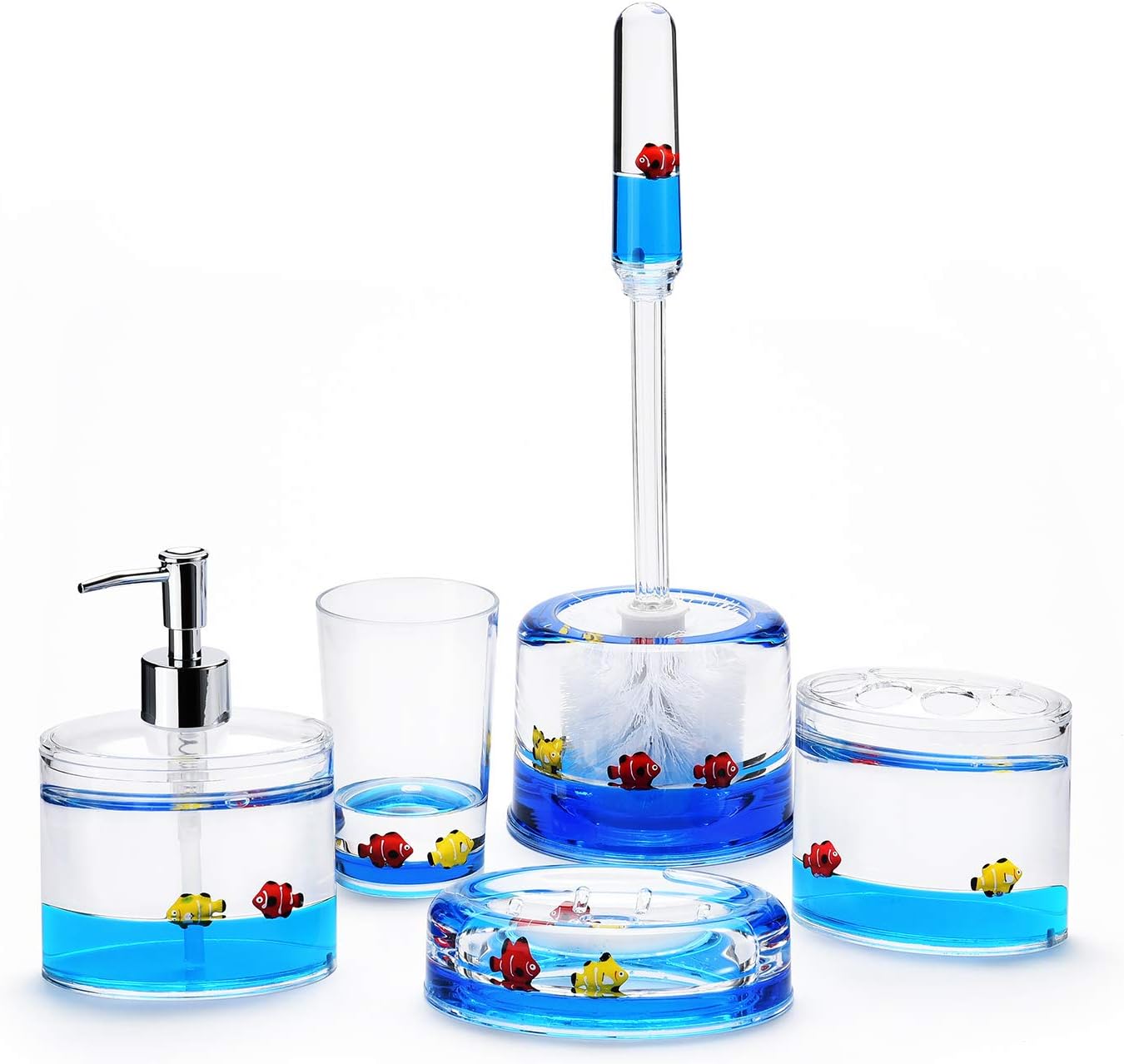 Locco Decor 5 Piece Acrylic Liquid 4D Floating Motion Bathroom Vanity Accessory Set Garden Botanic Green Plants Toothbrush Holder, Tumbler, Soap Dispenser, Soap Dish, Toiletbrush Holder Set