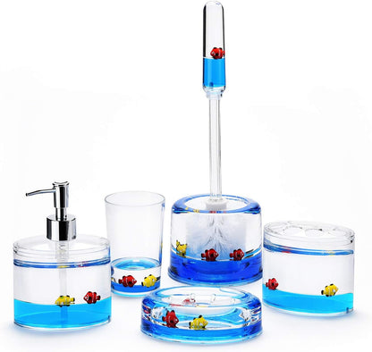 Locco Decor 5 Piece Acrylic Liquid 4D Floating Motion Bathroom Vanity Accessory Set Garden Botanic Green Plants Toothbrush Holder, Tumbler, Soap Dispenser, Soap Dish, Toiletbrush Holder Set