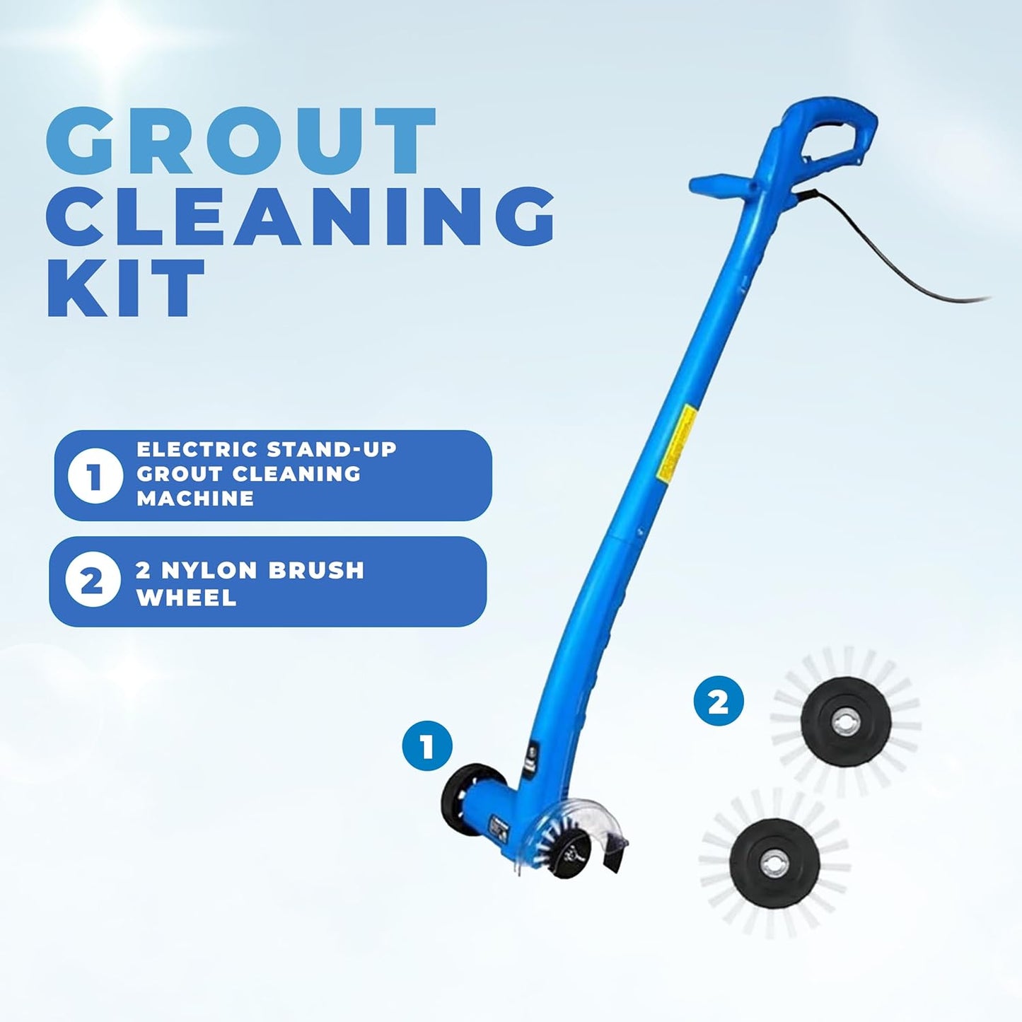 Grout Cleaner Bundle, Electric Stand Up Tile Grout Cleaner Machine with 20’ Cord, 3 Brush Wheels, 1 Cleaner, 1 Grout Hand Brush, 1 Microfiber Cloth