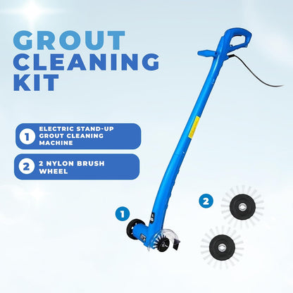 Grout Cleaner Bundle, Electric Stand Up Tile Grout Cleaner Machine with 20’ Cord, 3 Brush Wheels, 1 Cleaner, 1 Grout Hand Brush, 1 Microfiber Cloth