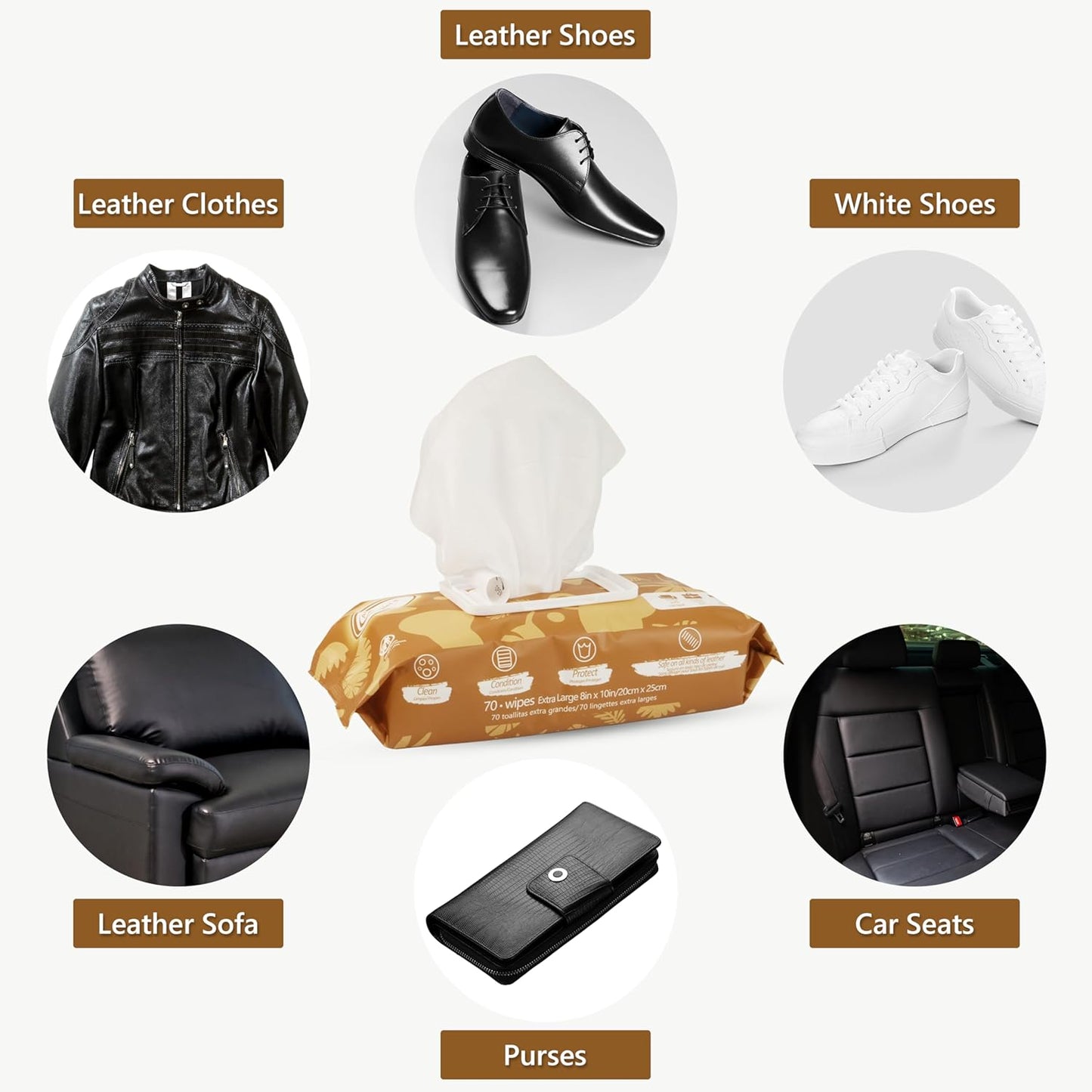 Air Jungles 3in1 Leather Cleaner Wipes 70 Count (Pack of 3), Extra Large 8" x 10" Size, Clean Condition Protect Wipes for Vinyl and Leather Apparel Furniture Auto Car Interior Shoes Boots Bags