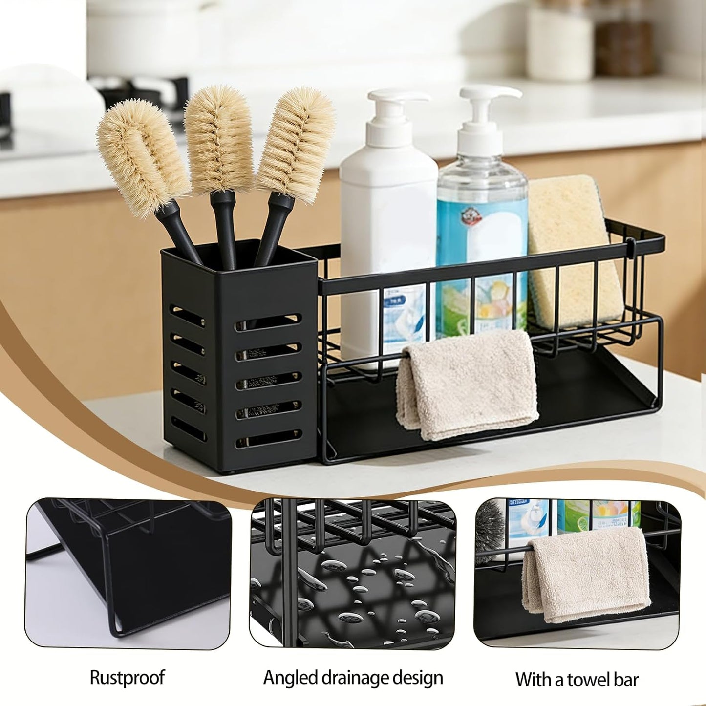 Kitchen Sink Caddy Organizer with Removable Brush Holder and Self Drain Tray, Kitchen Sink Organizer for Sponge, Soap,Dish Brush,Scrubber,Kitchen Essentials and Gadgets(Black)