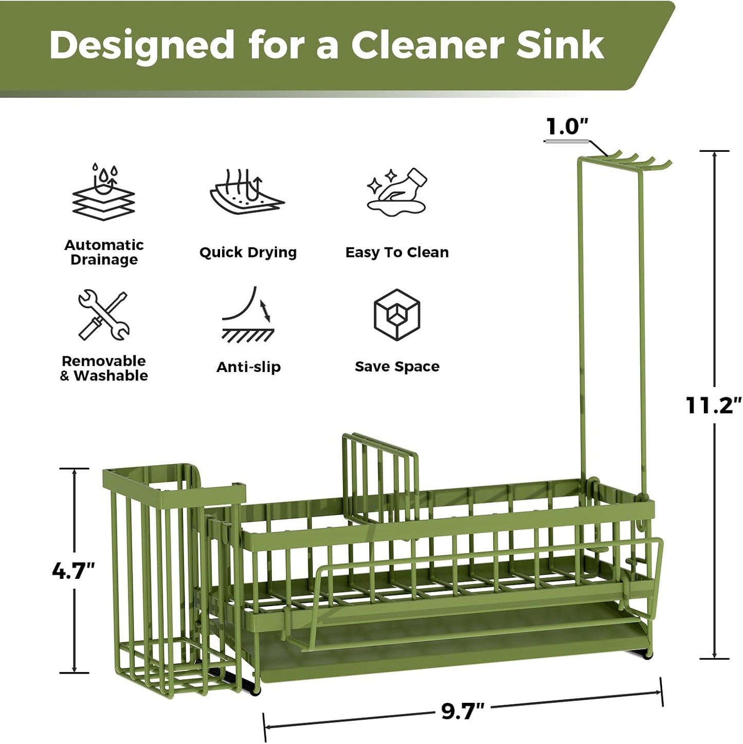 Sponge Holder for Kitchen Sink – Rustproof Stainless Steel with Detachable Drainboard, Brush Rack & Towel Bar | Compact, Non-Slip Design for Countertop Bathroom