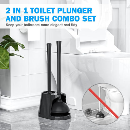 Toilet Plunger and Brush Set, Bowl Brush and Heavy Duty Toilet Plunger with Ventilated Holder, 2-in-1 Toilet Brush and Plunger Combo for 5.3-inch Toilet Drain Bathroom Deeply Cleaning(White & Grey)