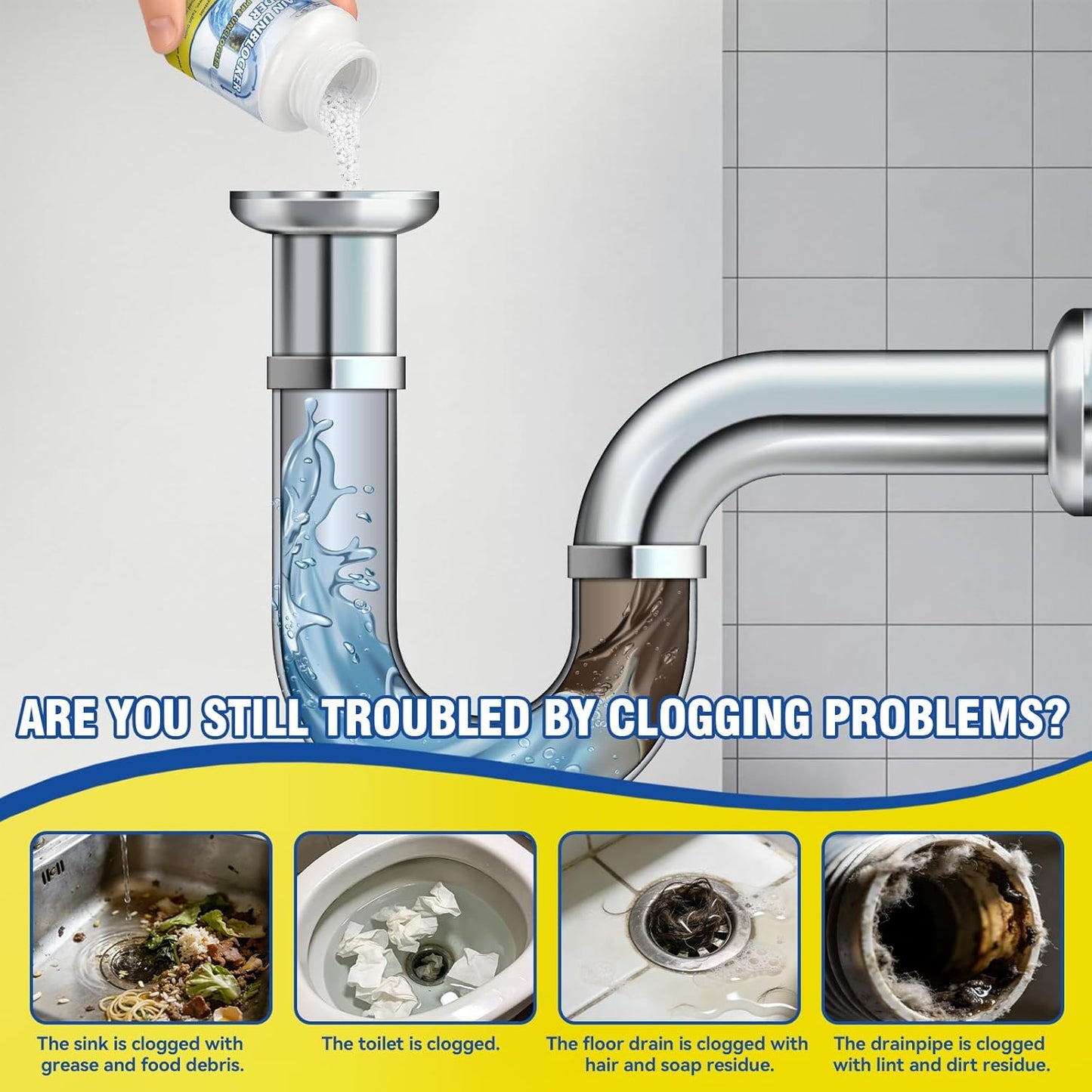 Powerful Drain Clog Remover, 260g Pipeline Dredging Agent & Drain Cleaner Fast Dissolves Hair, Paper Scraps, Food, Grease & Soap Scum, Unclog Sink Drains, Kitchen sinks, Shower pipes, Toilet