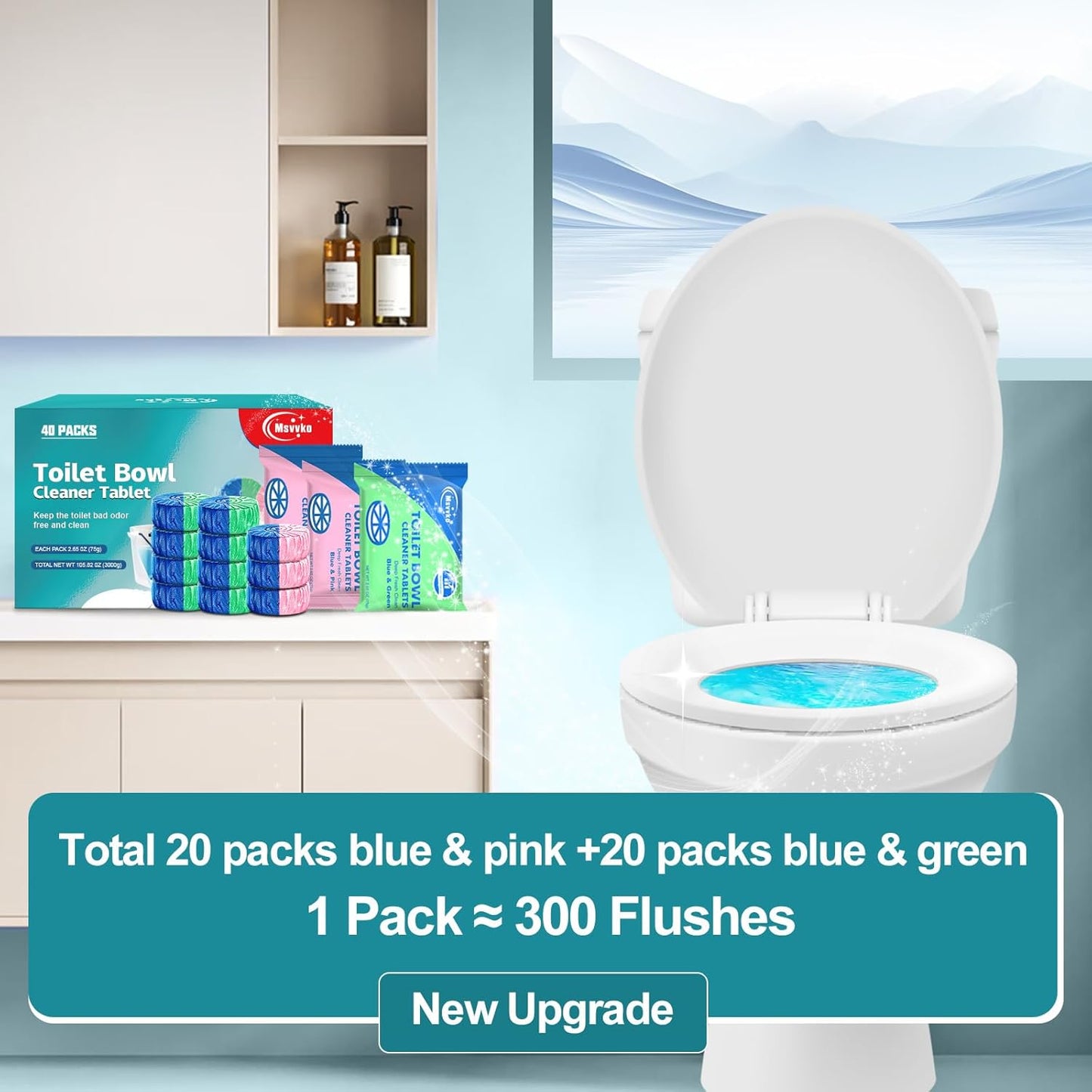 Msvvko Toilet Bowl Cleaner Tablets Blue Toilet Tank Cleaners, Septic-Safe Hard Water Stain Remove, Bathroom Automatic Toilet Cleaning & Deodorizer, Fresh Scent - 30 Tabs