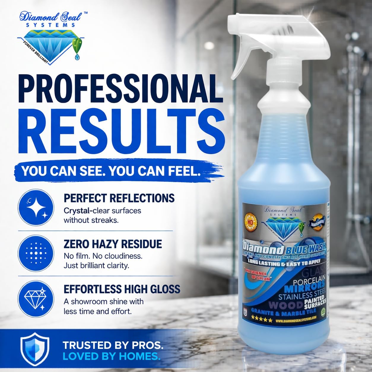Made in the USA. Diamond Blue Repellent Wash Multi Surface. Cleans,Shine Best Cleaner for Glass, Granite, Countertops Wood & Stainless Steel. Direct from the Manufacturer 32oz Easy to use spray bottle